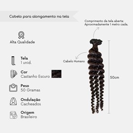 Cabelo Humano na Tela CACHEADO Brasileiro Castanho Escuro - 50 cm